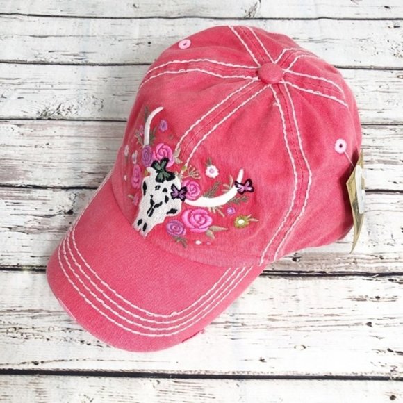 FLORAL STEER SKULL Embroidered, Vintage Style‎ Cap - Picture 3 of 8